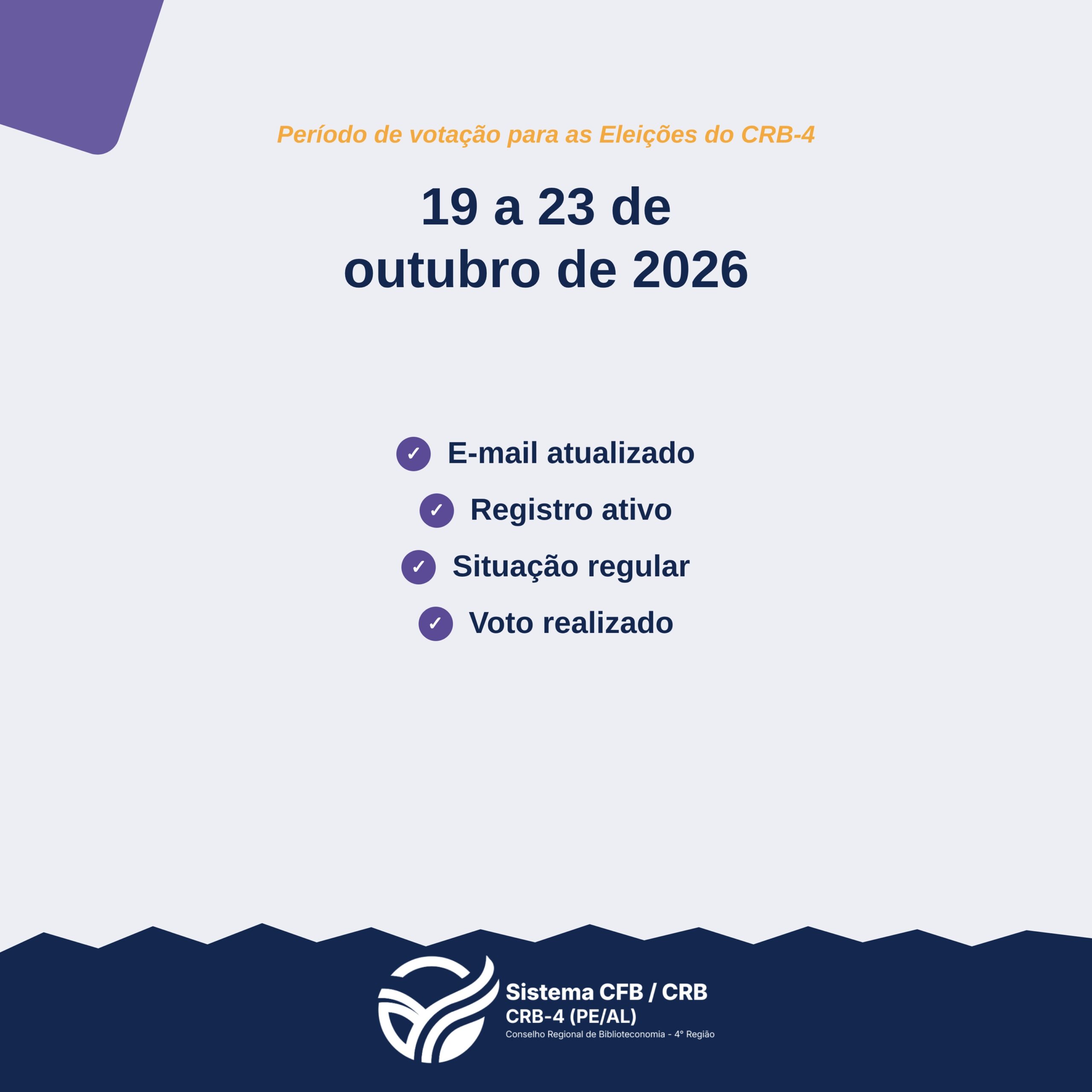 Card: período de votação, 19 a 23 de outubro de 2026. Checklist: e-mail atualizado, registro ativo, situação regular, voto realizado.